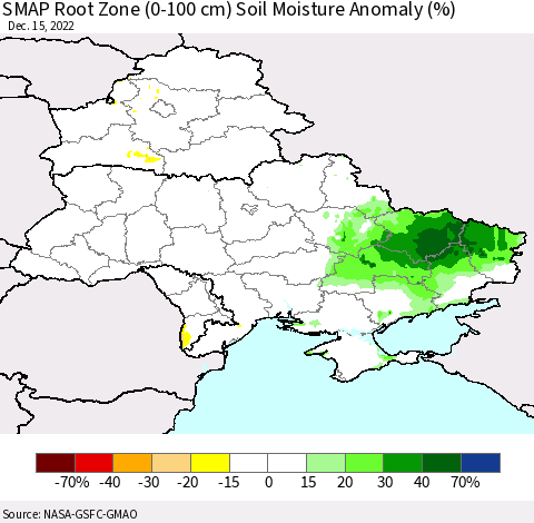 Ukraine, Moldova and Belarus SMAP Root Zone (0-100 cm) Soil Moisture Anomaly (%) Thematic Map For 12/11/2022 - 12/15/2022