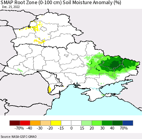 Ukraine, Moldova and Belarus SMAP Root Zone (0-100 cm) Soil Moisture Anomaly (%) Thematic Map For 12/21/2022 - 12/25/2022