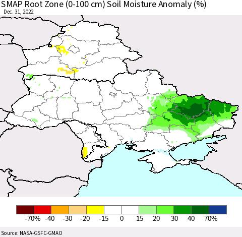 Ukraine, Moldova and Belarus SMAP Root Zone (0-100 cm) Soil Moisture Anomaly (%) Thematic Map For 12/26/2022 - 12/31/2022