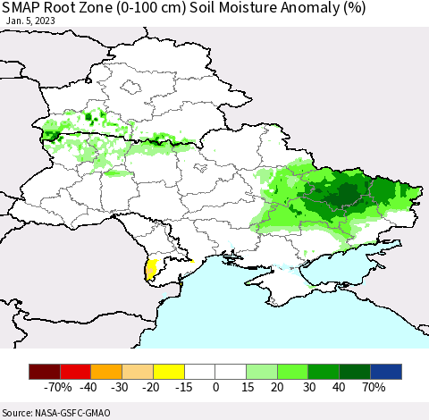 Ukraine, Moldova and Belarus SMAP Root Zone (0-100 cm) Soil Moisture Anomaly (%) Thematic Map For 1/1/2023 - 1/5/2023