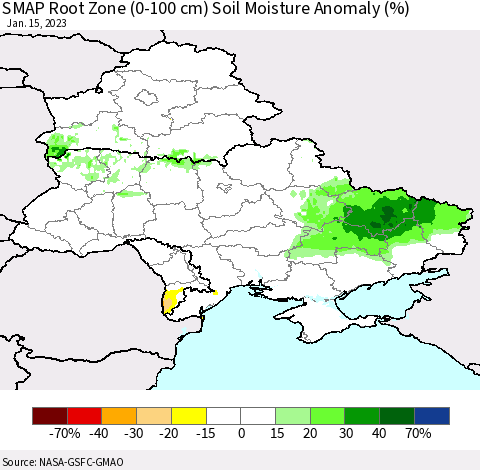 Ukraine, Moldova and Belarus SMAP Root Zone (0-100 cm) Soil Moisture Anomaly (%) Thematic Map For 1/11/2023 - 1/15/2023