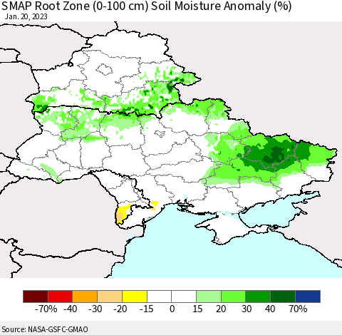 Ukraine, Moldova and Belarus SMAP Root Zone (0-100 cm) Soil Moisture Anomaly (%) Thematic Map For 1/16/2023 - 1/20/2023