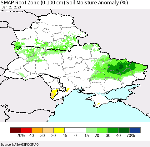 Ukraine, Moldova and Belarus SMAP Root Zone (0-100 cm) Soil Moisture Anomaly (%) Thematic Map For 1/21/2023 - 1/25/2023