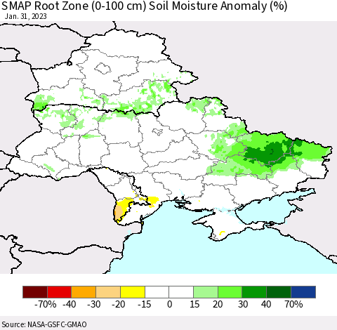 Ukraine, Moldova and Belarus SMAP Root Zone (0-100 cm) Soil Moisture Anomaly (%) Thematic Map For 1/26/2023 - 1/31/2023