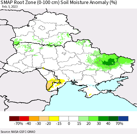Ukraine, Moldova and Belarus SMAP Root Zone (0-100 cm) Soil Moisture Anomaly (%) Thematic Map For 2/1/2023 - 2/5/2023