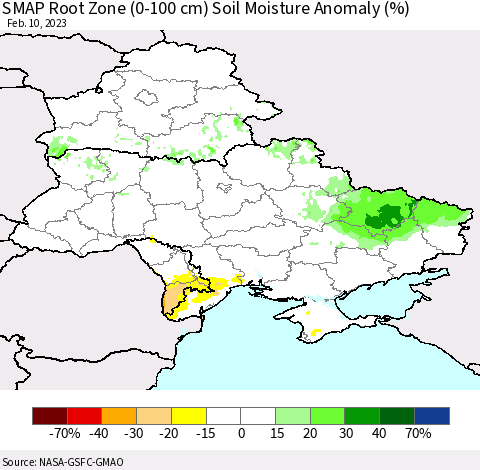 Ukraine, Moldova and Belarus SMAP Root Zone (0-100 cm) Soil Moisture Anomaly (%) Thematic Map For 2/6/2023 - 2/10/2023