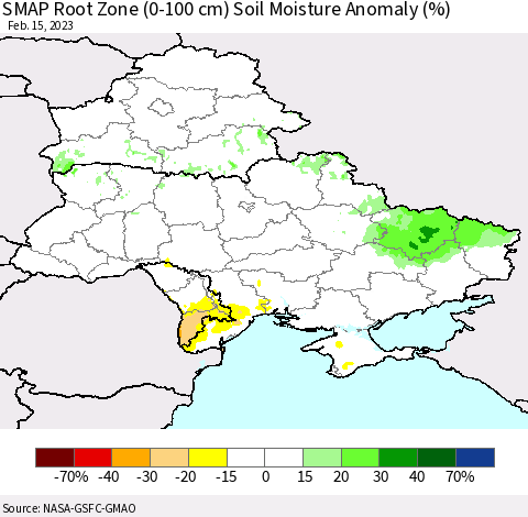 Ukraine, Moldova and Belarus SMAP Root Zone (0-100 cm) Soil Moisture Anomaly (%) Thematic Map For 2/11/2023 - 2/15/2023