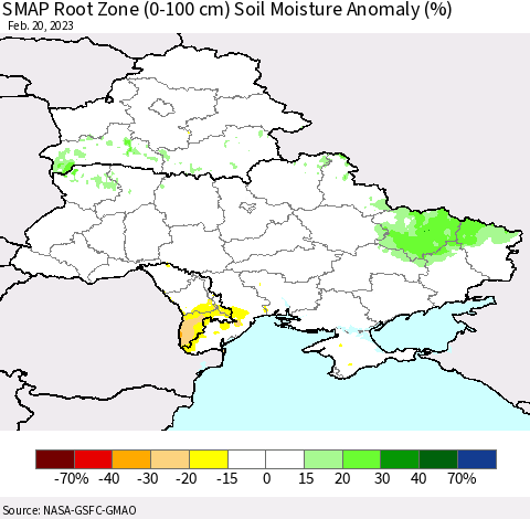 Ukraine, Moldova and Belarus SMAP Root Zone (0-100 cm) Soil Moisture Anomaly (%) Thematic Map For 2/16/2023 - 2/20/2023
