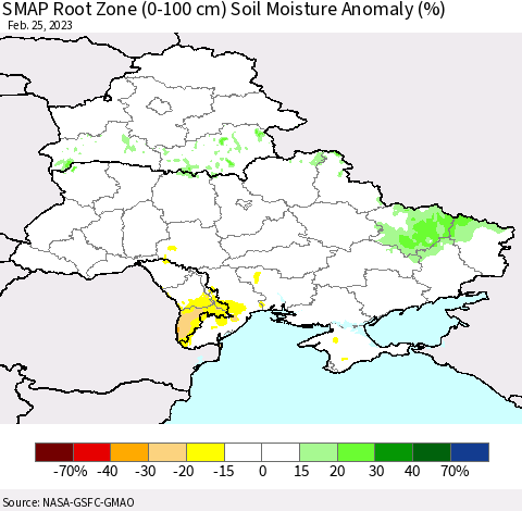 Ukraine, Moldova and Belarus SMAP Root Zone (0-100 cm) Soil Moisture Anomaly (%) Thematic Map For 2/21/2023 - 2/25/2023