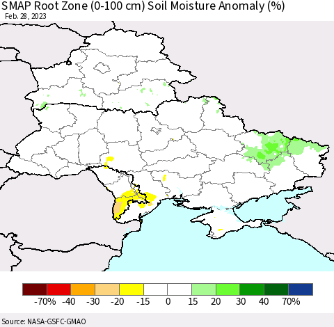 Ukraine, Moldova and Belarus SMAP Root Zone (0-100 cm) Soil Moisture Anomaly (%) Thematic Map For 2/26/2023 - 2/28/2023