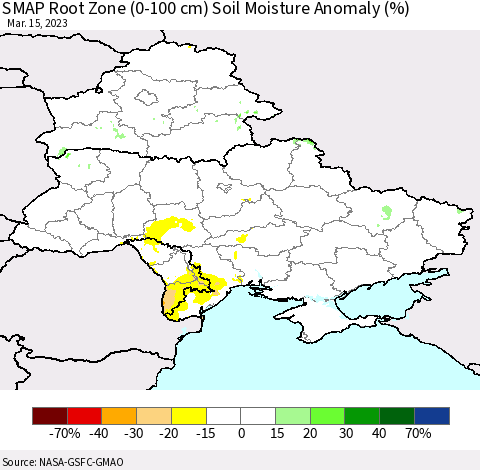 Ukraine, Moldova and Belarus SMAP Root Zone (0-100 cm) Soil Moisture Anomaly (%) Thematic Map For 3/11/2023 - 3/15/2023