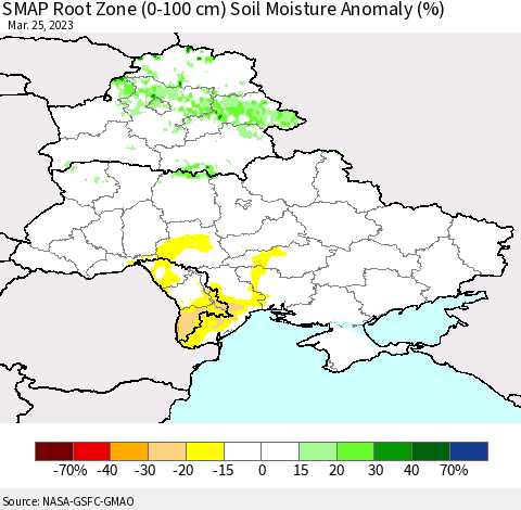Ukraine, Moldova and Belarus SMAP Root Zone (0-100 cm) Soil Moisture Anomaly (%) Thematic Map For 3/21/2023 - 3/25/2023