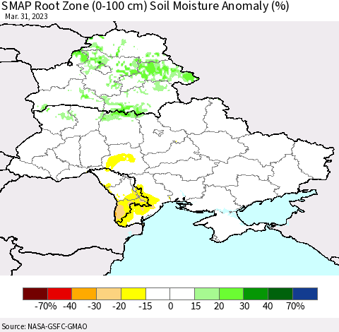 Ukraine, Moldova and Belarus SMAP Root Zone (0-100 cm) Soil Moisture Anomaly (%) Thematic Map For 3/26/2023 - 3/31/2023