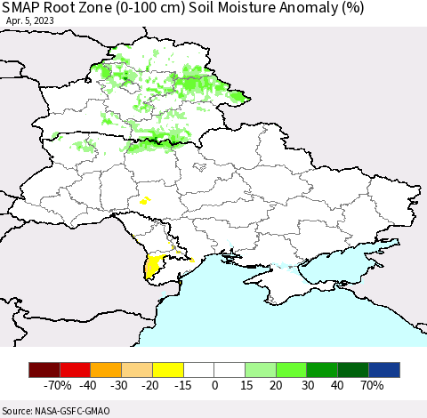 Ukraine, Moldova and Belarus SMAP Root Zone (0-100 cm) Soil Moisture Anomaly (%) Thematic Map For 4/1/2023 - 4/5/2023