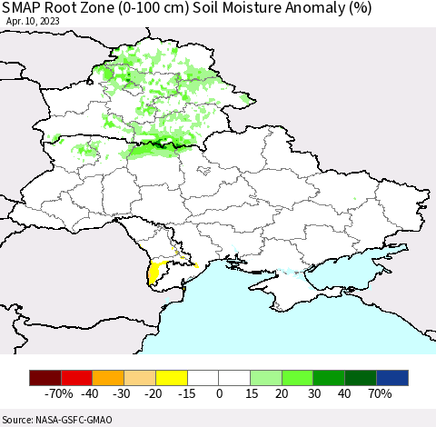 Ukraine, Moldova and Belarus SMAP Root Zone (0-100 cm) Soil Moisture Anomaly (%) Thematic Map For 4/6/2023 - 4/10/2023