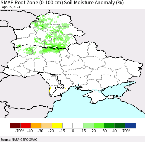 Ukraine, Moldova and Belarus SMAP Root Zone (0-100 cm) Soil Moisture Anomaly (%) Thematic Map For 4/11/2023 - 4/15/2023