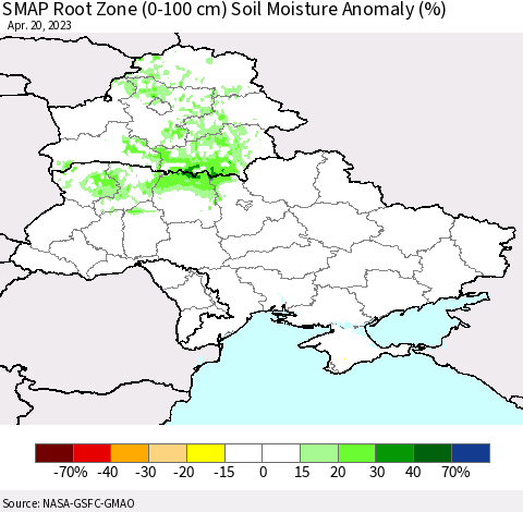 Ukraine, Moldova and Belarus SMAP Root Zone (0-100 cm) Soil Moisture Anomaly (%) Thematic Map For 4/16/2023 - 4/20/2023