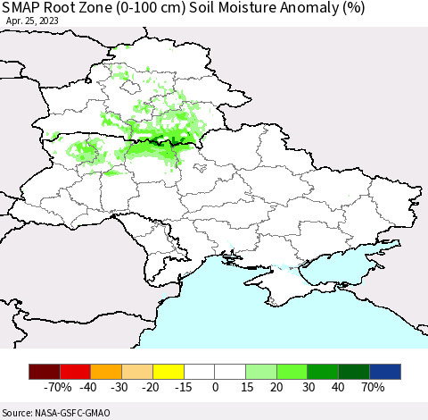 Ukraine, Moldova and Belarus SMAP Root Zone (0-100 cm) Soil Moisture Anomaly (%) Thematic Map For 4/21/2023 - 4/25/2023