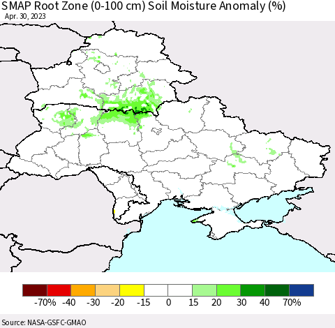 Ukraine, Moldova and Belarus SMAP Root Zone (0-100 cm) Soil Moisture Anomaly (%) Thematic Map For 4/26/2023 - 4/30/2023