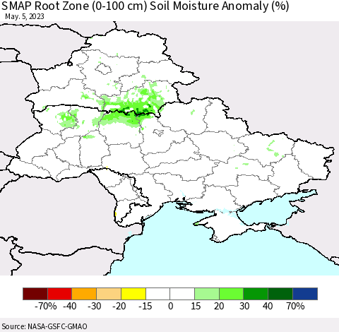Ukraine, Moldova and Belarus SMAP Root Zone (0-100 cm) Soil Moisture Anomaly (%) Thematic Map For 5/1/2023 - 5/5/2023
