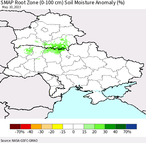 Ukraine, Moldova and Belarus SMAP Root Zone (0-100 cm) Soil Moisture Anomaly (%) Thematic Map For 5/6/2023 - 5/10/2023