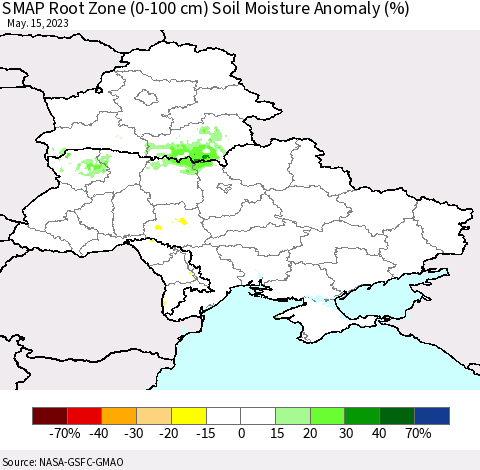 Ukraine, Moldova and Belarus SMAP Root Zone (0-100 cm) Soil Moisture Anomaly (%) Thematic Map For 5/11/2023 - 5/15/2023