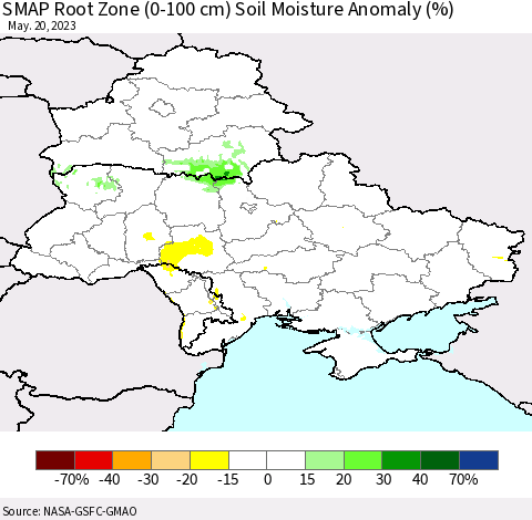 Ukraine, Moldova and Belarus SMAP Root Zone (0-100 cm) Soil Moisture Anomaly (%) Thematic Map For 5/16/2023 - 5/20/2023