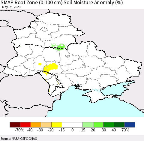 Ukraine, Moldova and Belarus SMAP Root Zone (0-100 cm) Soil Moisture Anomaly (%) Thematic Map For 5/21/2023 - 5/25/2023