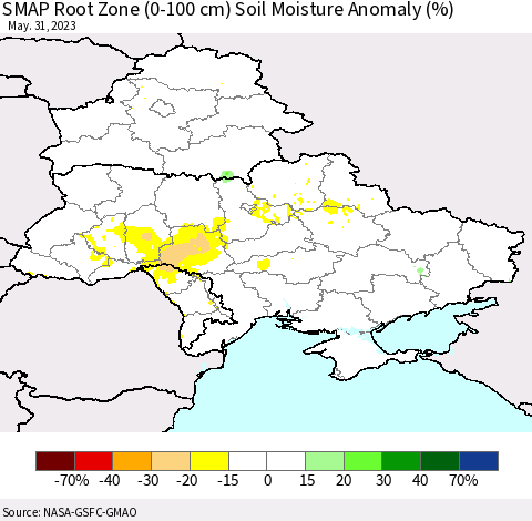 Ukraine, Moldova and Belarus SMAP Root Zone (0-100 cm) Soil Moisture Anomaly (%) Thematic Map For 5/26/2023 - 5/31/2023
