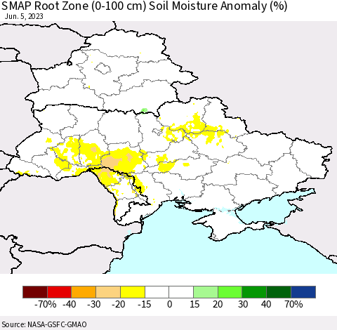 Ukraine, Moldova and Belarus SMAP Root Zone (0-100 cm) Soil Moisture Anomaly (%) Thematic Map For 6/1/2023 - 6/5/2023