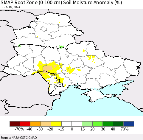 Ukraine, Moldova and Belarus SMAP Root Zone (0-100 cm) Soil Moisture Anomaly (%) Thematic Map For 6/6/2023 - 6/10/2023