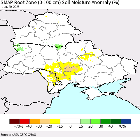 Ukraine, Moldova and Belarus SMAP Root Zone (0-100 cm) Soil Moisture Anomaly (%) Thematic Map For 6/16/2023 - 6/20/2023