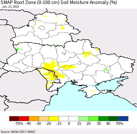 Ukraine, Moldova and Belarus SMAP Root Zone (0-100 cm) Soil Moisture Anomaly (%) Thematic Map For 6/21/2023 - 6/25/2023