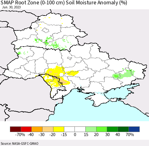Ukraine, Moldova and Belarus SMAP Root Zone (0-100 cm) Soil Moisture Anomaly (%) Thematic Map For 6/26/2023 - 6/30/2023