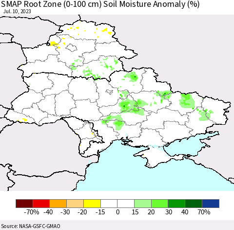 Ukraine, Moldova and Belarus SMAP Root Zone (0-100 cm) Soil Moisture Anomaly (%) Thematic Map For 7/6/2023 - 7/10/2023