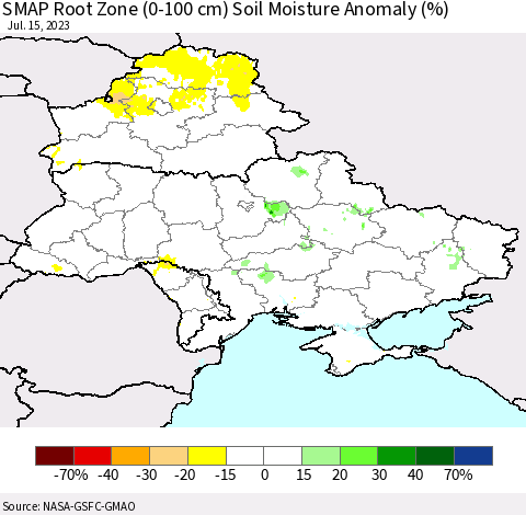 Ukraine, Moldova and Belarus SMAP Root Zone (0-100 cm) Soil Moisture Anomaly (%) Thematic Map For 7/11/2023 - 7/15/2023