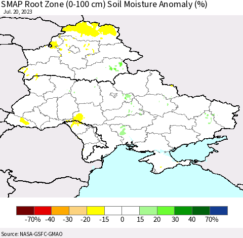 Ukraine, Moldova and Belarus SMAP Root Zone (0-100 cm) Soil Moisture Anomaly (%) Thematic Map For 7/16/2023 - 7/20/2023