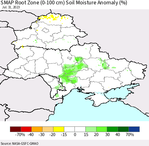 Ukraine, Moldova and Belarus SMAP Root Zone (0-100 cm) Soil Moisture Anomaly (%) Thematic Map For 7/26/2023 - 7/31/2023