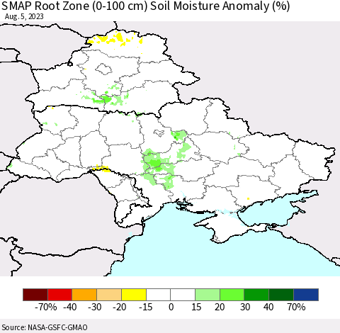 Ukraine, Moldova and Belarus SMAP Root Zone (0-100 cm) Soil Moisture Anomaly (%) Thematic Map For 8/1/2023 - 8/5/2023