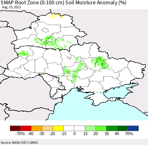 Ukraine, Moldova and Belarus SMAP Root Zone (0-100 cm) Soil Moisture Anomaly (%) Thematic Map For 8/6/2023 - 8/10/2023