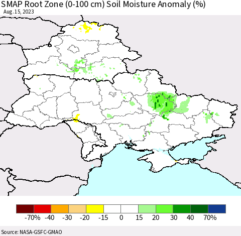 Ukraine, Moldova and Belarus SMAP Root Zone (0-100 cm) Soil Moisture Anomaly (%) Thematic Map For 8/11/2023 - 8/15/2023