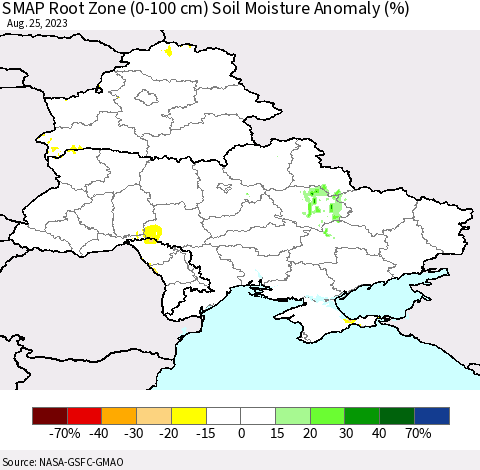 Ukraine, Moldova and Belarus SMAP Root Zone (0-100 cm) Soil Moisture Anomaly (%) Thematic Map For 8/21/2023 - 8/25/2023