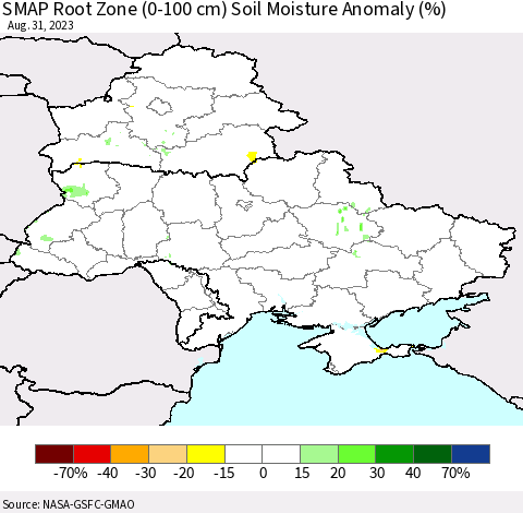 Ukraine, Moldova and Belarus SMAP Root Zone (0-100 cm) Soil Moisture Anomaly (%) Thematic Map For 8/26/2023 - 8/31/2023