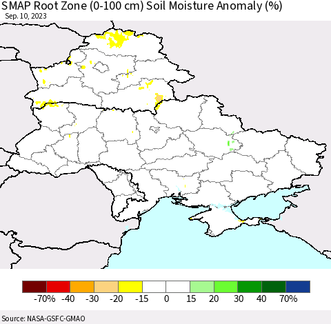 Ukraine, Moldova and Belarus SMAP Root Zone (0-100 cm) Soil Moisture Anomaly (%) Thematic Map For 9/6/2023 - 9/10/2023
