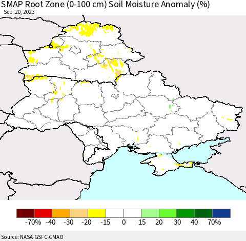 Ukraine, Moldova and Belarus SMAP Root Zone (0-100 cm) Soil Moisture Anomaly (%) Thematic Map For 9/16/2023 - 9/20/2023