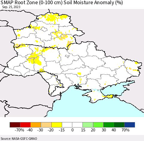 Ukraine, Moldova and Belarus SMAP Root Zone (0-100 cm) Soil Moisture Anomaly (%) Thematic Map For 9/21/2023 - 9/25/2023