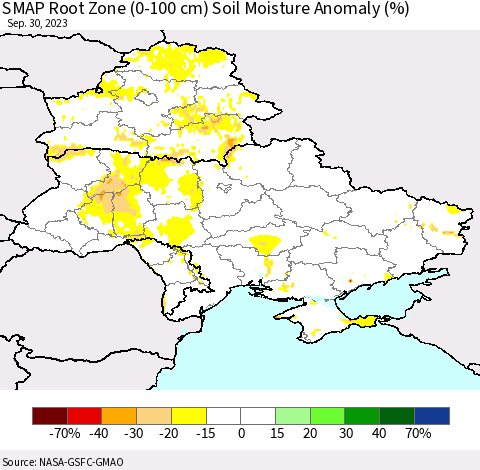 Ukraine, Moldova and Belarus SMAP Root Zone (0-100 cm) Soil Moisture Anomaly (%) Thematic Map For 9/26/2023 - 9/30/2023