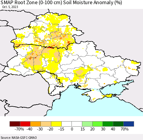 Ukraine, Moldova and Belarus SMAP Root Zone (0-100 cm) Soil Moisture Anomaly (%) Thematic Map For 10/1/2023 - 10/5/2023