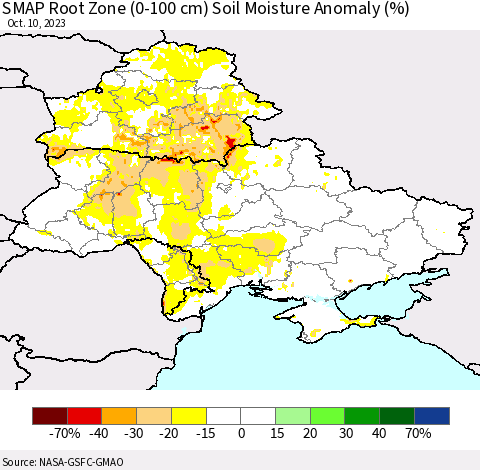 Ukraine, Moldova and Belarus SMAP Root Zone (0-100 cm) Soil Moisture Anomaly (%) Thematic Map For 10/6/2023 - 10/10/2023