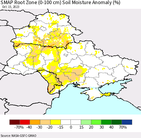 Ukraine, Moldova and Belarus SMAP Root Zone (0-100 cm) Soil Moisture Anomaly (%) Thematic Map For 10/11/2023 - 10/15/2023
